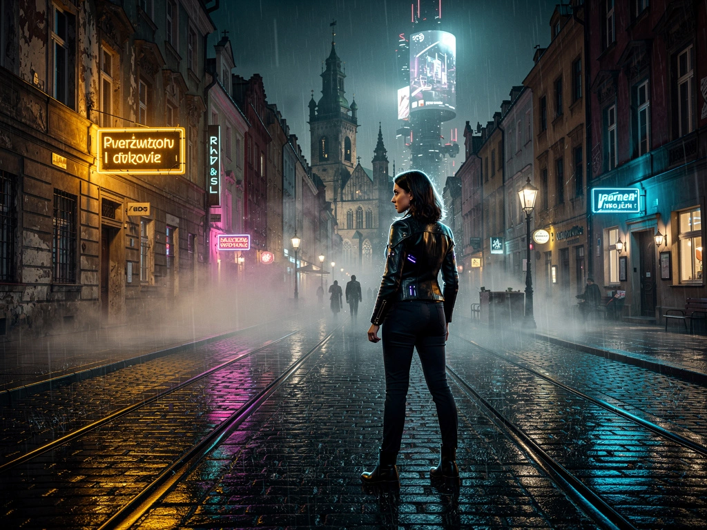 Cyber Noir Krakow rain
